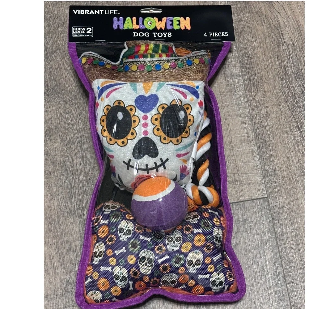 Vibrant Life Halloween Dog Toys 4 Piece Set Sugar Skull Day of the Dead Chew NWT